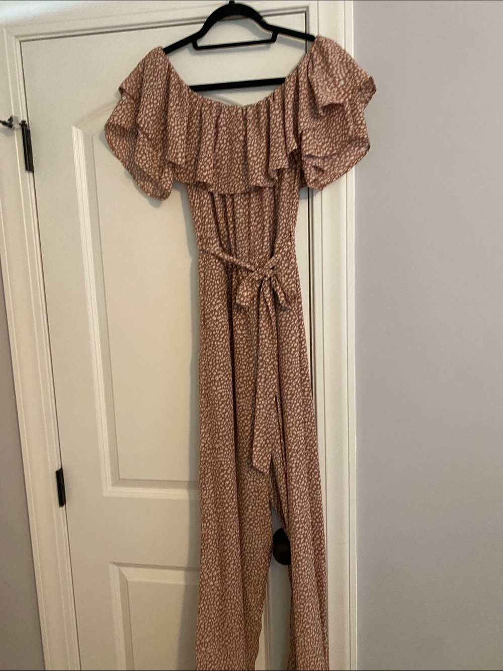 She + Sky Off-Shoulder Brown Printed Jumpsuit with Tie Waist